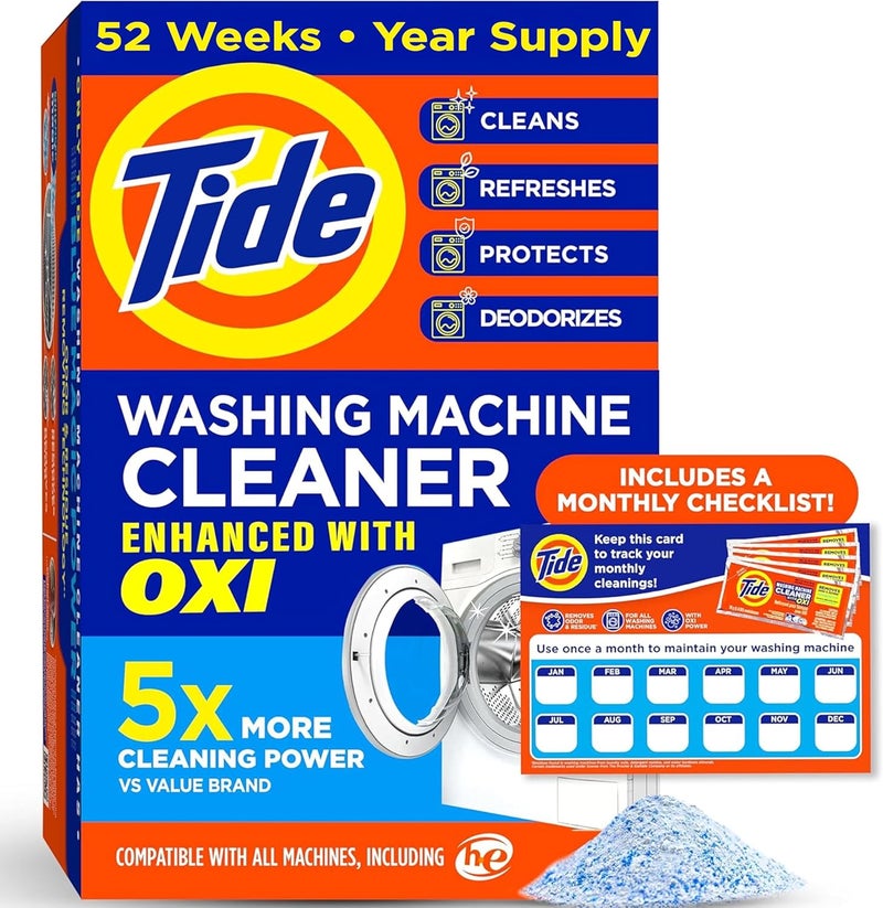 Tide Washing Machine Cleaner 52 Week Supply with Oxi for Front and Top Loader Washer Machines, Deep Cleaning Residue & Odor Eliminator, 12 Month Supply (Packaging May Vary) - Image 1